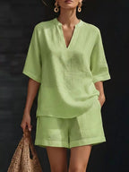 Plus size women's lounge set with notched collar half-sleeve top and matching shorts, comfortable and stylish clothing set.