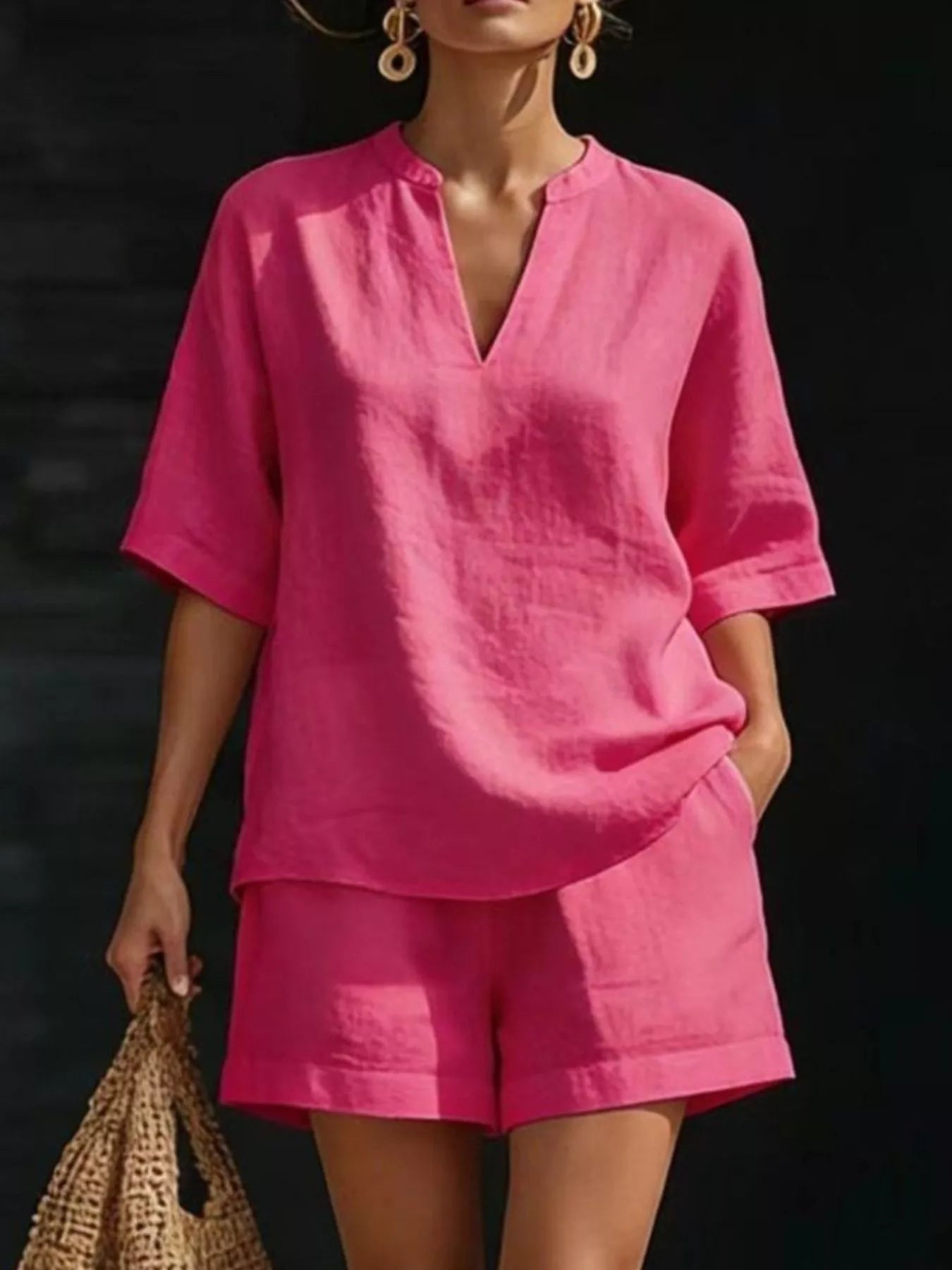 Plus size women's lounge set with notched collar half-sleeve top and matching shorts, soft and comfortable clothing set.