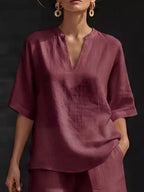 Plus size women's lounge set with notched collar half-sleeve top and matching shorts, comfortable and stylish clothing set.