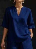 Plus size women's lounge set with notched collar half sleeve top and matching shorts, comfortable and stylish for relaxed wear.
