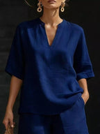 Plus size women's lounge set with notched collar half-sleeve top and matching shorts, comfortable and stylish clothing set.