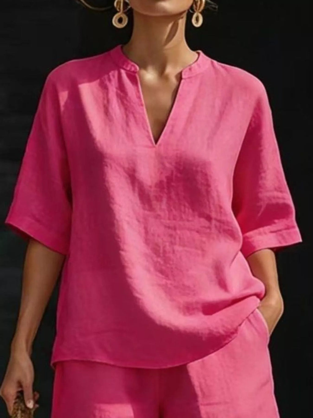 Plus size women's lounge set with notched collar top and shorts, casual and comfortable clothing from Trendsi.