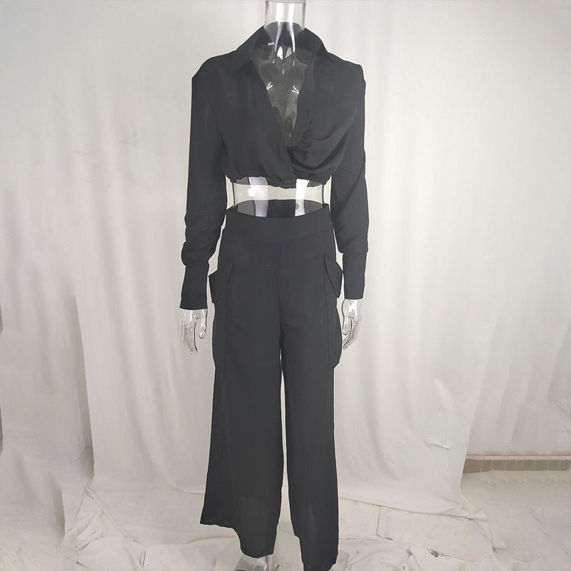 Women's plus size wide-leg elegant pant set by Plush Fashion Hub, featuring a stylish casualwear ensemble with flowing pants and a matching top.