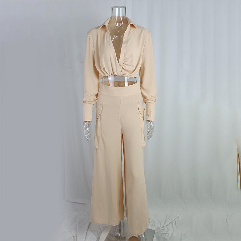 Women's plus size wide-leg elegant pant set by Plush Fashion Hub, casualwear with flowing pants and matching top, stylish and comfortable.