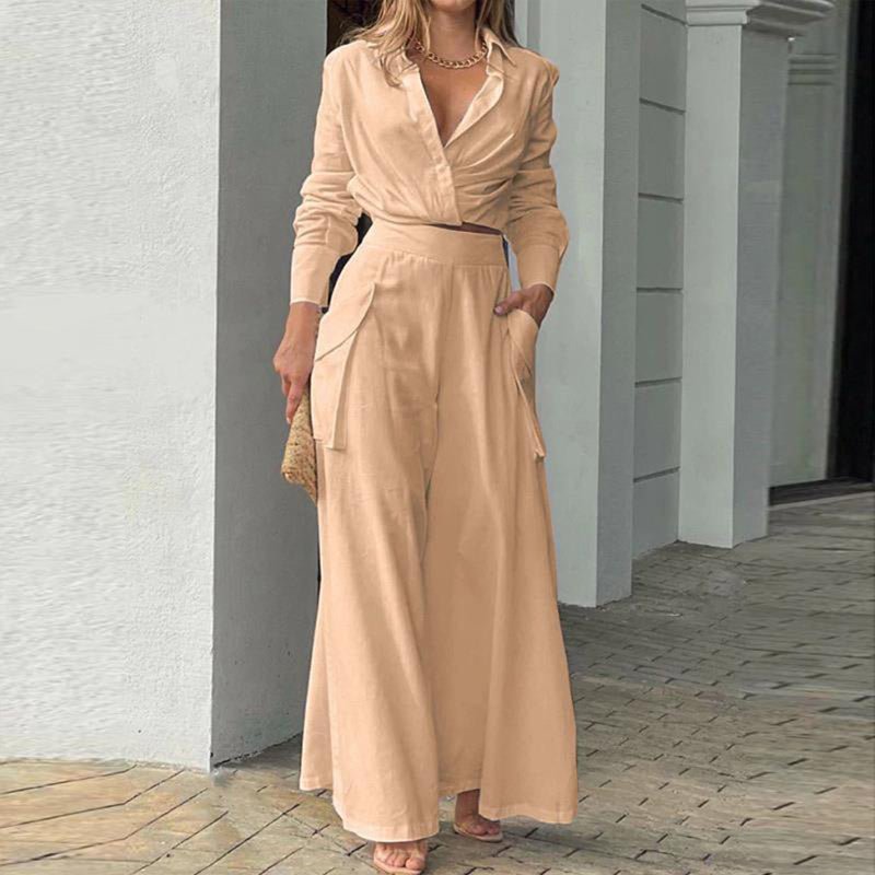 Plus size women's wide-leg elegant pant set by Plush Fashion Hub, featuring a stylish casualwear outfit with flowing wide-leg pants and top.