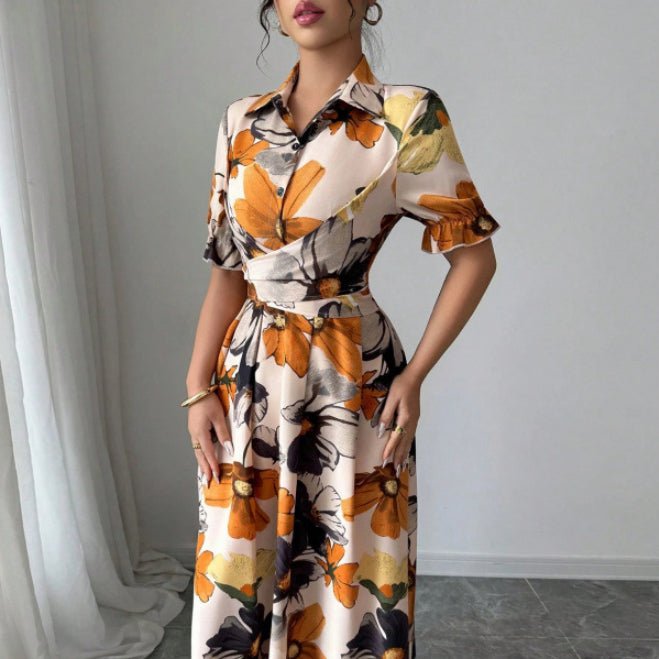 Women’s printed puff sleeve dress with blouse collar and cross-tie waist, casualwear by Plush Fashion Hub.