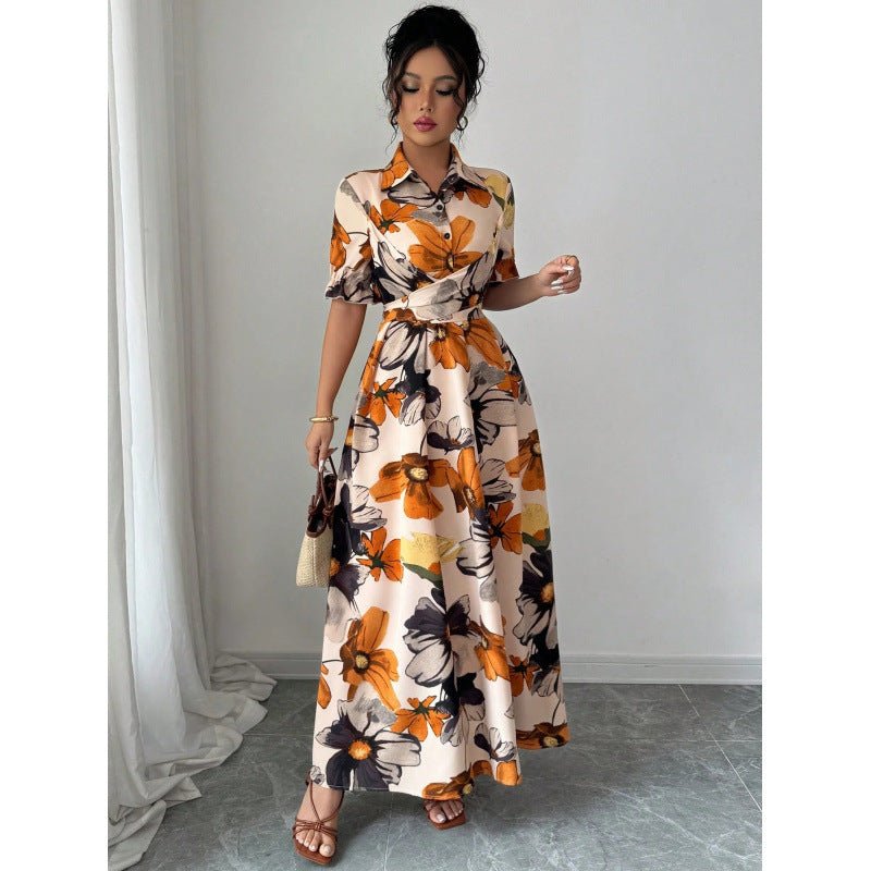 Women’s printed puff sleeve dress with blouse collar and cross-tie waist, casualwear by Plush Fashion Hub.