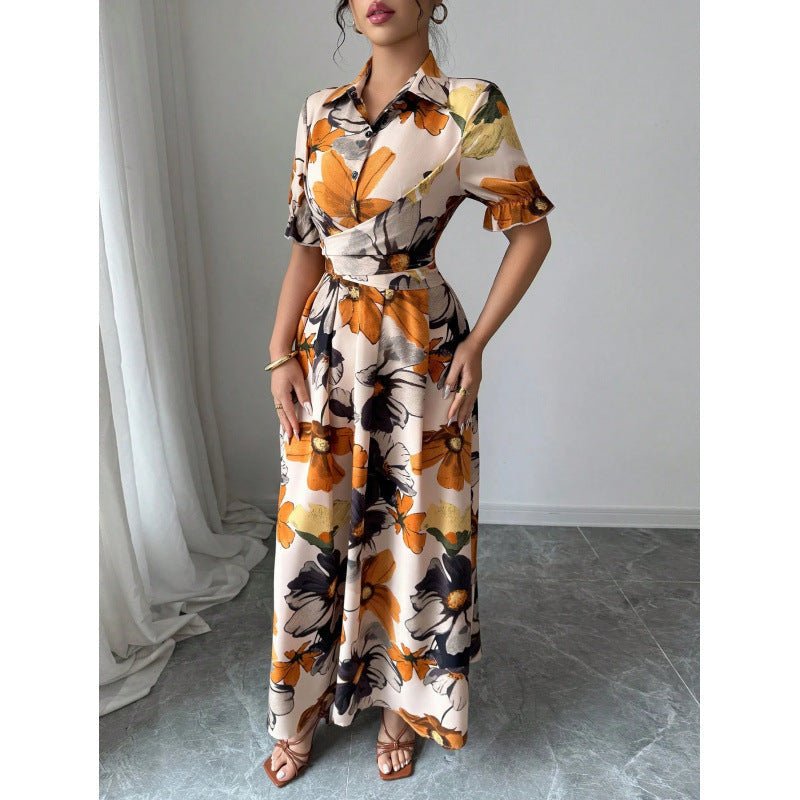 Women’s printed puff sleeve casual dress with blouse collar and cross-tie waist, by Plush Fashion Hub.