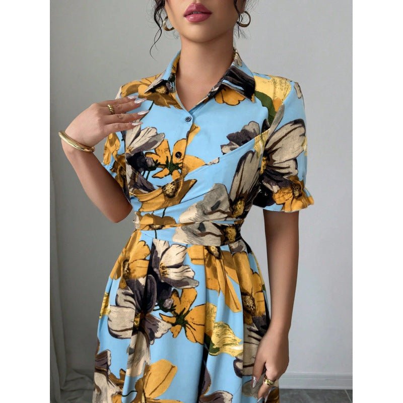 Women's printed puff sleeve dress with blouse collar and cross-tie waist, casualwear by Plush Fashion Hub.