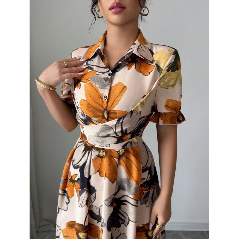 Women’s printed puff sleeve dress by Plush Fashion Hub featuring a blouse collar and cross-tie waist for casualwear.