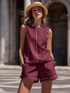 Women's quilted sleeveless top and shorts set by Plush Fashion Hub, featuring casual resort style, perfect for warm weather.