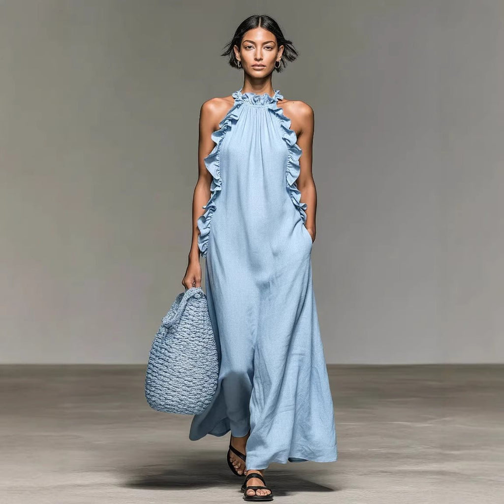 Women's ruffled halterneck sleeveless open-back maxi dress by Plush Fashion Hub, perfect for resort casualwear.