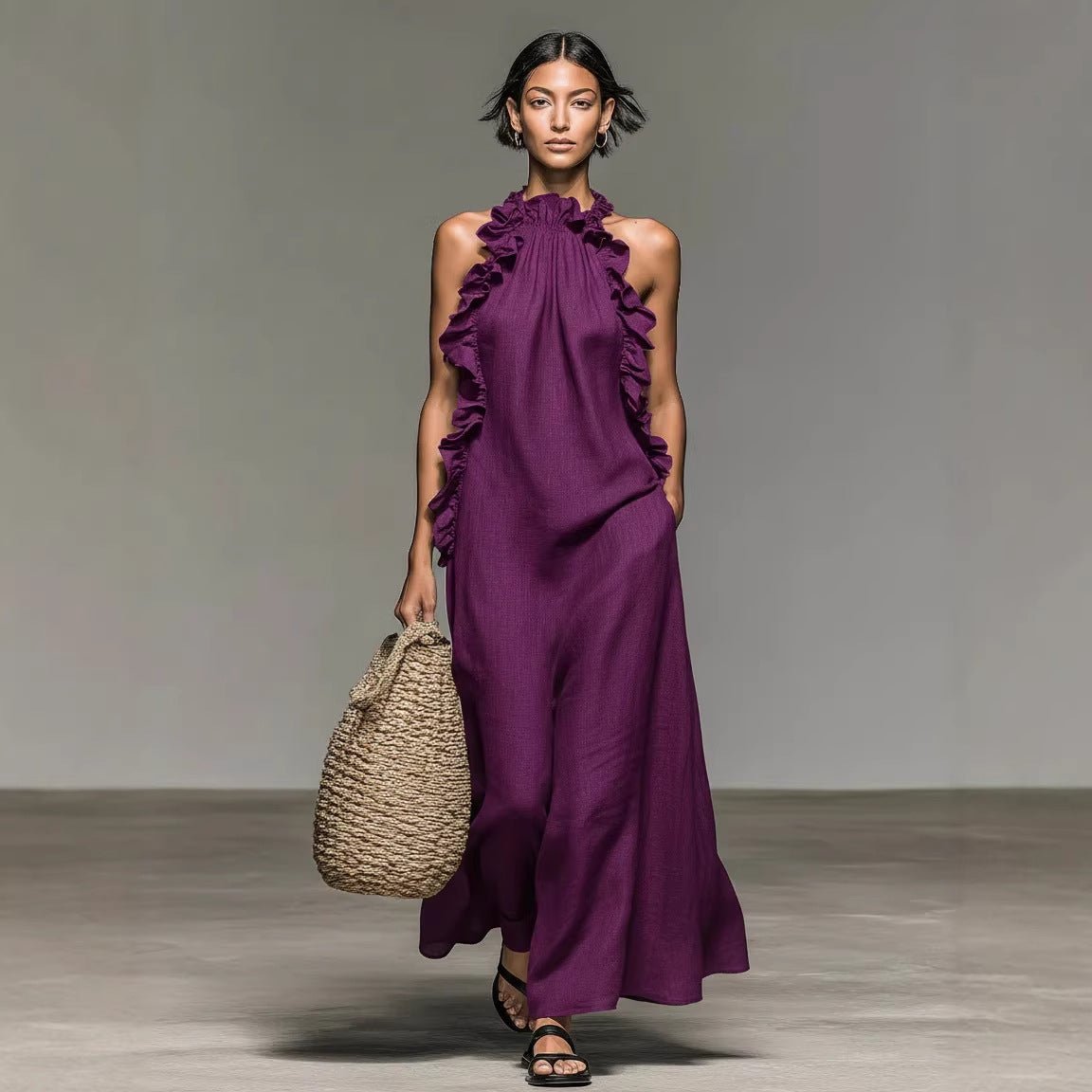 Women's ruffled halterneck sleeveless open-back maxi dress by Plush Fashion Hub, perfect for casual resort wear.