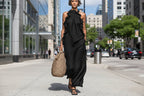 Women's casual resort maxi dress with ruffled halterneck, sleeveless design, and open back by Plush Fashion Hub.