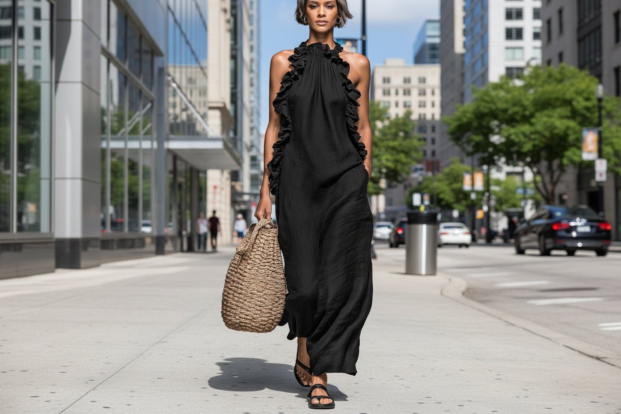 Women's casual resort maxi dress with ruffled halterneck, sleeveless design, and open back by Plush Fashion Hub.