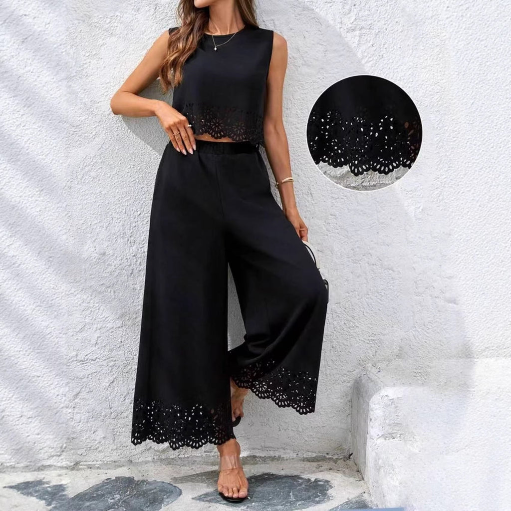 Women's resort-style hollow-out tank top and pants set by Plush Fashion Hub, casualwear with pockets, perfect for relaxed summer days.