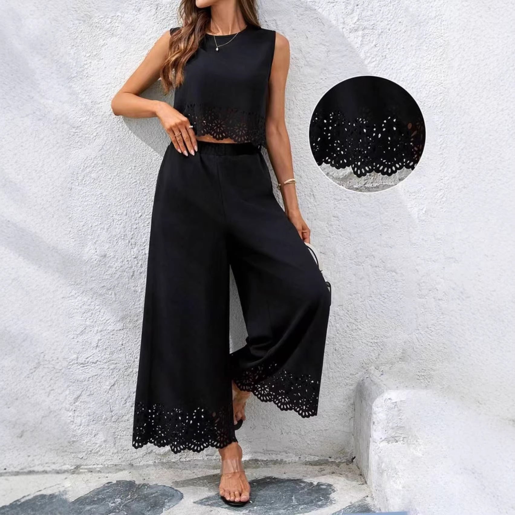 Women's resort-style hollow-out tank top and pants set from Plush Fashion Hub, featuring casual wear with pockets and relaxed fit.