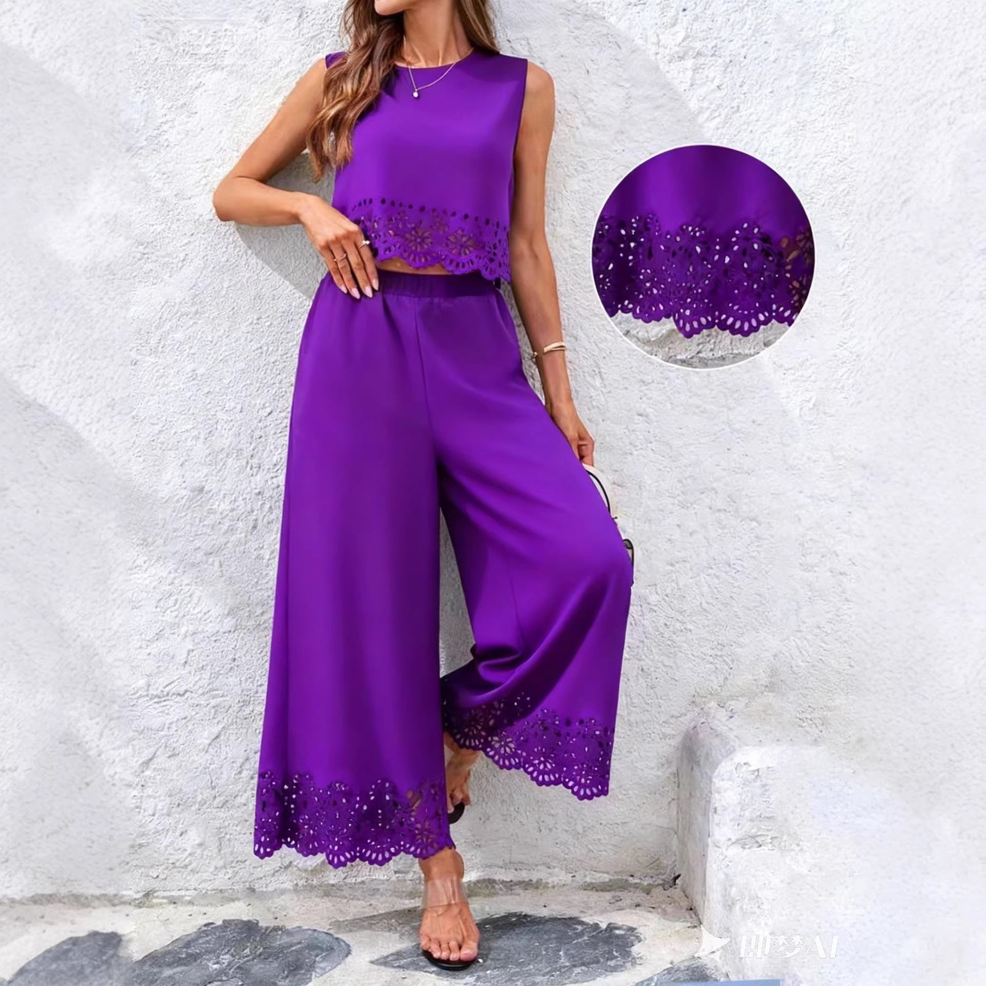 Casual women's resort-style hollow-out tank top and pants set with pockets, by Plush Fashion Hub, featuring a relaxed, stylish fit.