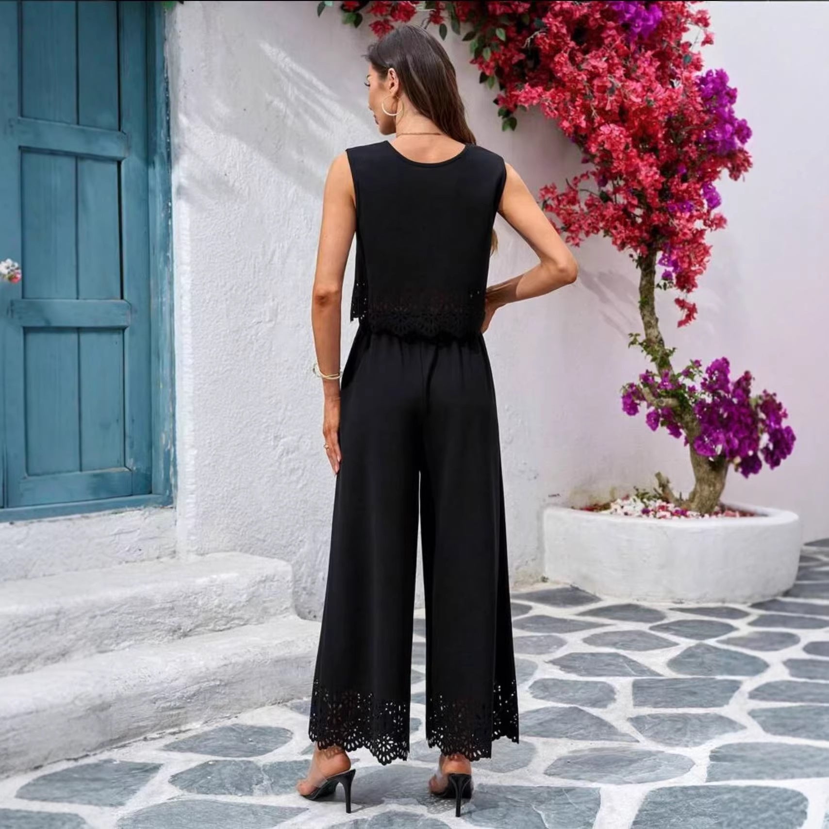 Women's resort-style hollow-out tank top and pants set from Plush Fashion Hub, featuring a casual 2-piece design with pockets.