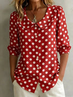 Women's retro polka dot three-quarter sleeve loose cardigan shirt in casualwear style with a relaxed fit and vintage-inspired design.