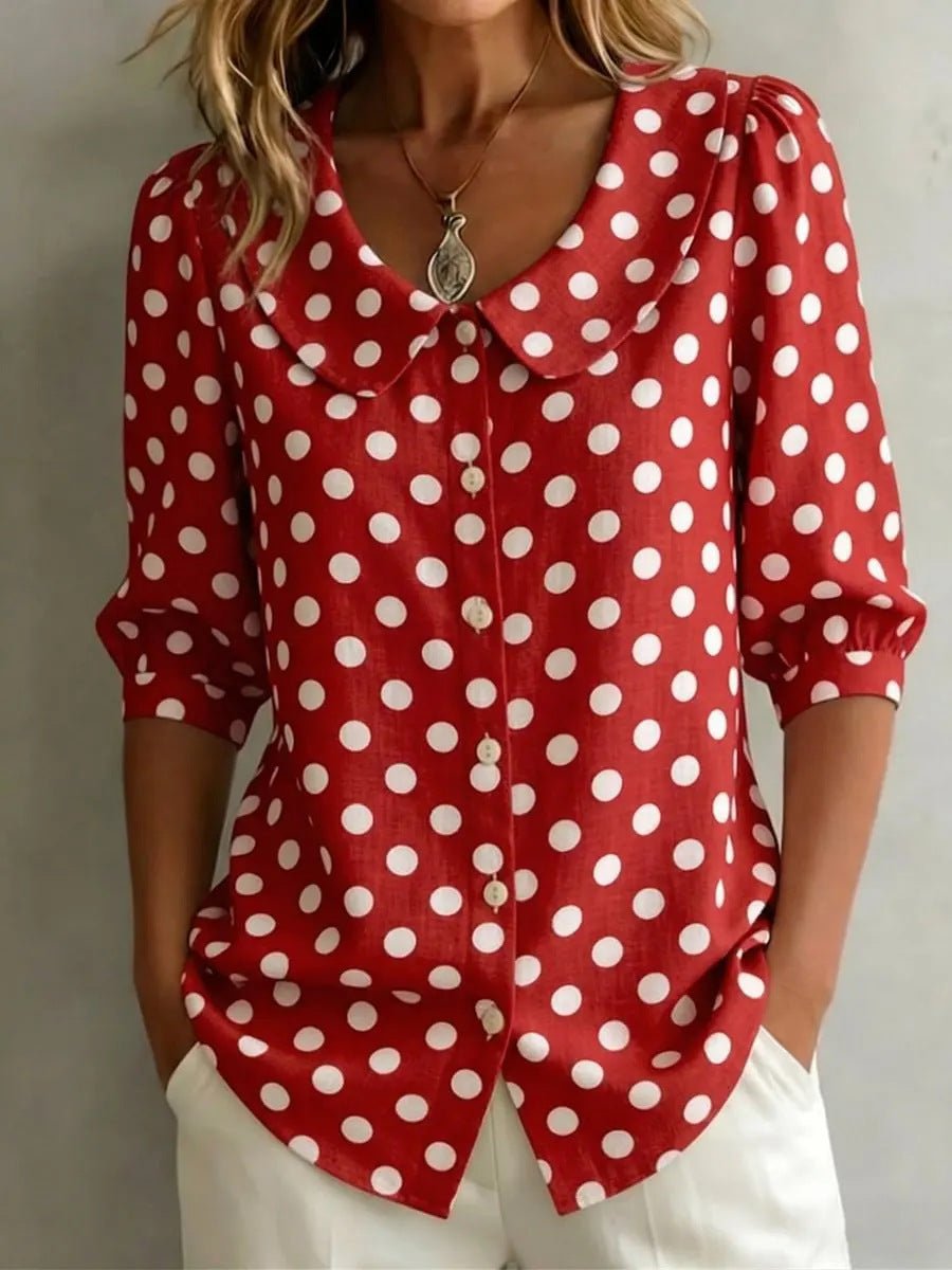 Women's retro polka dot three-quarter sleeve loose cardigan shirt in casualwear style with a relaxed fit and vintage-inspired design.