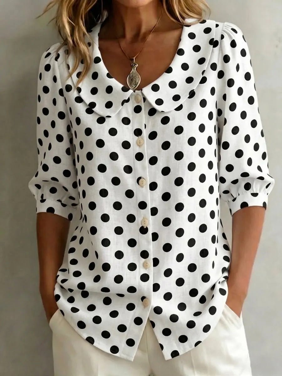 Women's retro polka dot three-quarter sleeve loose cardigan shirt, casualwear by Plush Fashion Hub, shown in a relaxed fit style.