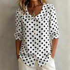 Women's retro polka dot three-quarter sleeve loose cardigan shirt, casualwear by Plush Fashion Hub, featuring a vintage-inspired design.