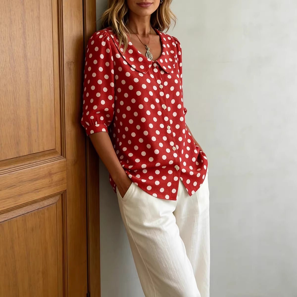 Women's retro polka dot cardigan with three-quarter sleeves, loose fit, casualwear by Plush Fashion Hub.