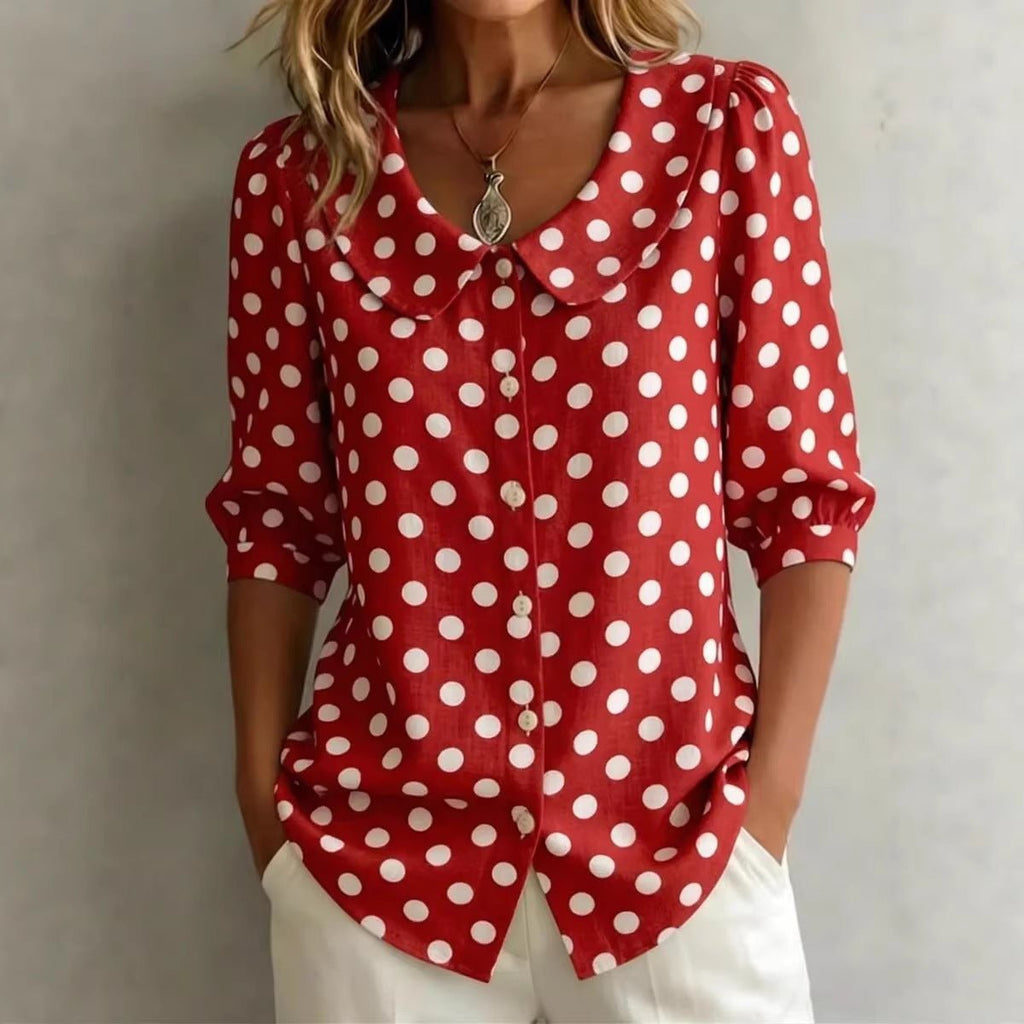 Women's retro polka dot three-quarter sleeve loose cardigan shirt from Plush Fashion Hub, casualwear with vintage-inspired style.