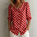 Women's retro polka dot three-quarter sleeve loose cardigan shirt from Plush Fashion Hub, casualwear with vintage-inspired style.
