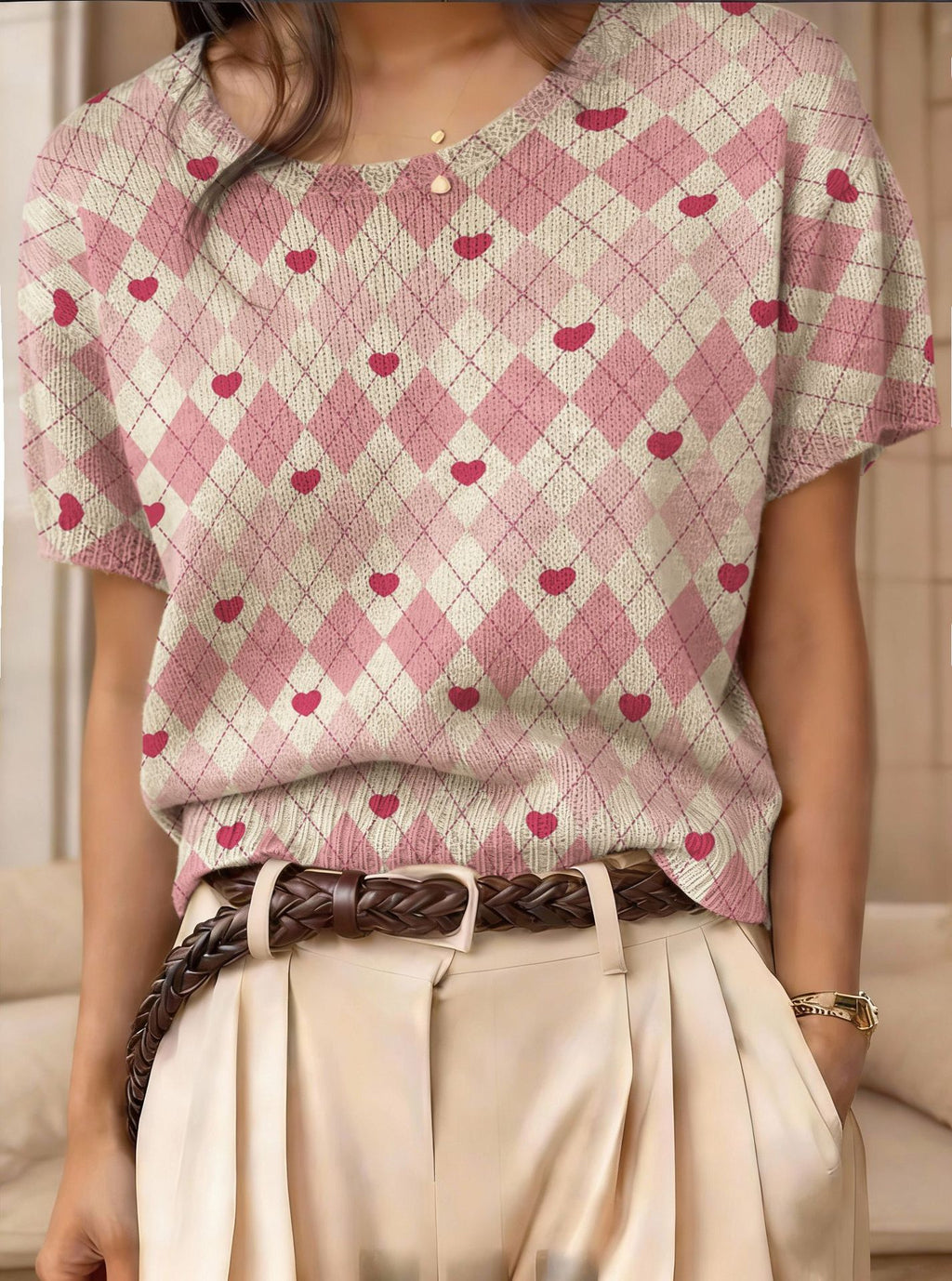 Women's retro short-sleeve jacquard knit top from Plush Fashion Hub, showcasing a vintage-inspired casualwear design with intricate patterns.