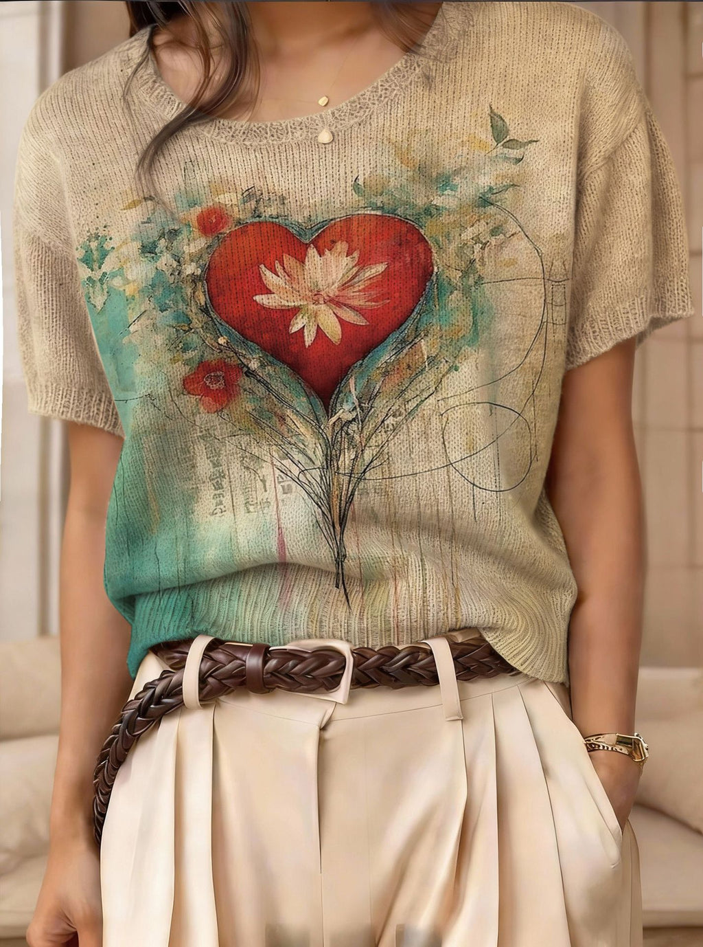Women's retro short-sleeve jacquard knit top, casualwear by Plush Fashion Hub, showcasing intricate pattern and comfortable fit.
