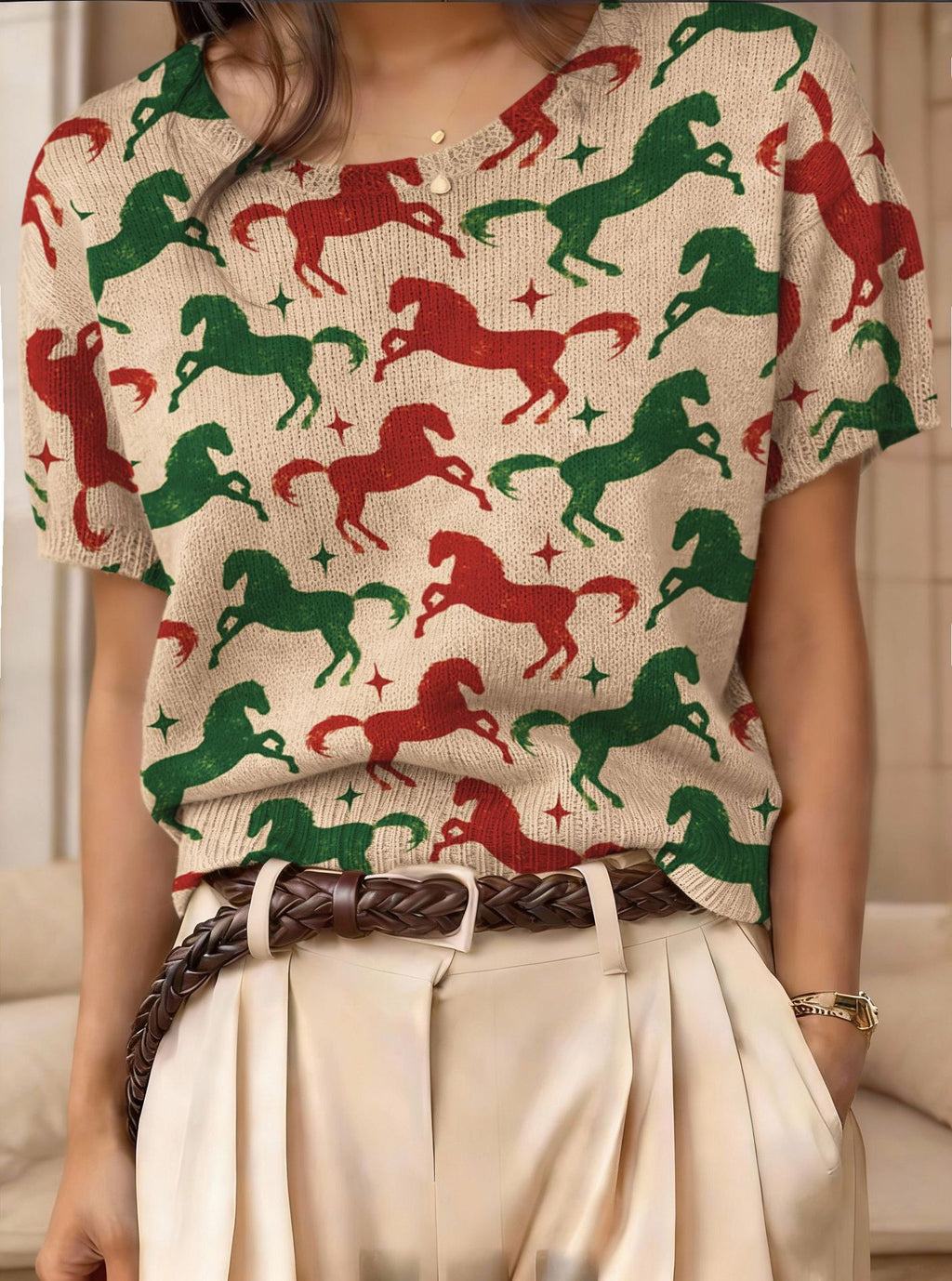 Women's retro short-sleeve jacquard knit top by Plush Fashion Hub, showcasing intricate pattern and casual style.