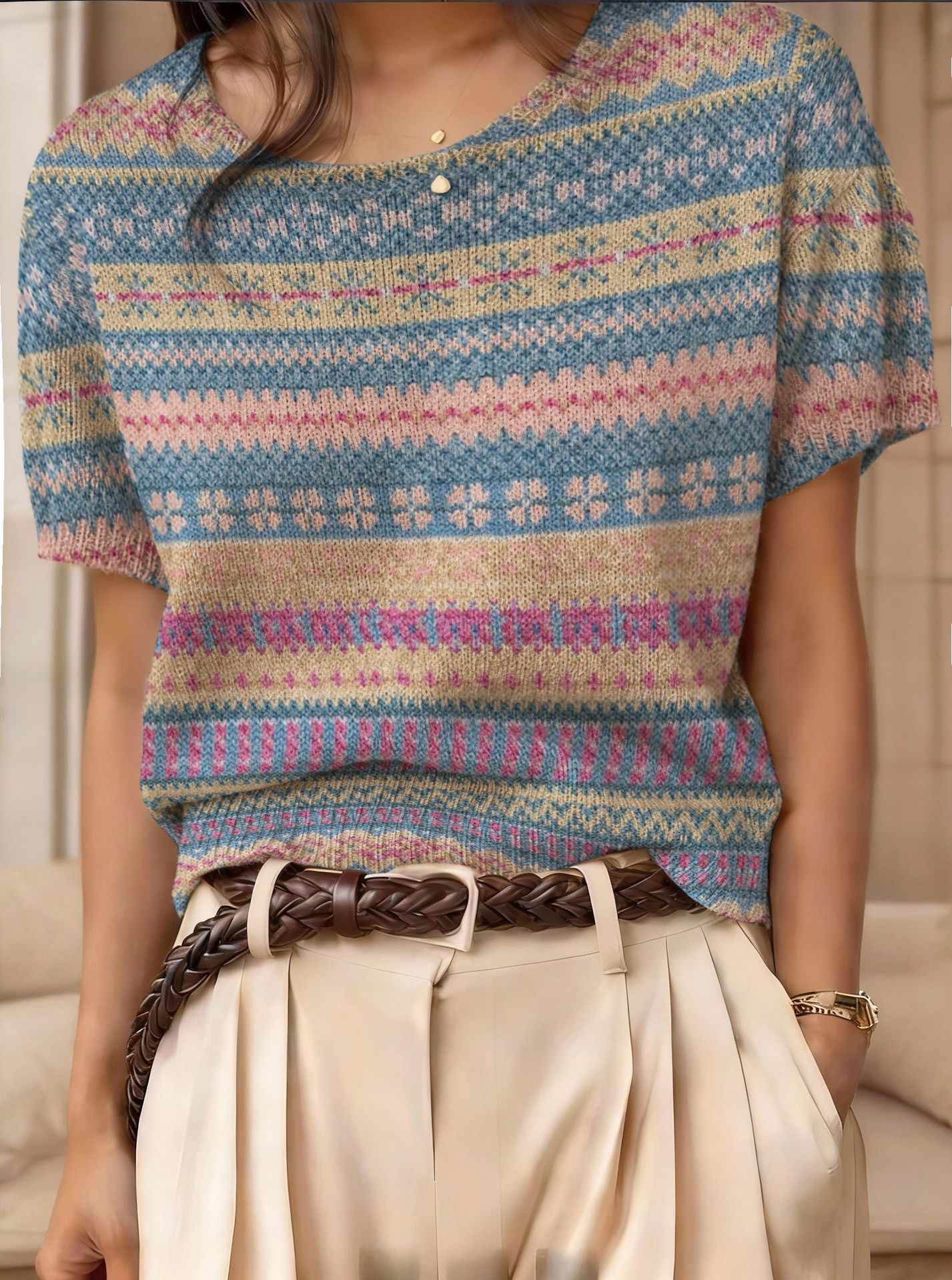 Women's retro short-sleeve jacquard knit top from Plush Fashion Hub, casualwear with a stylish vintage-inspired pattern.