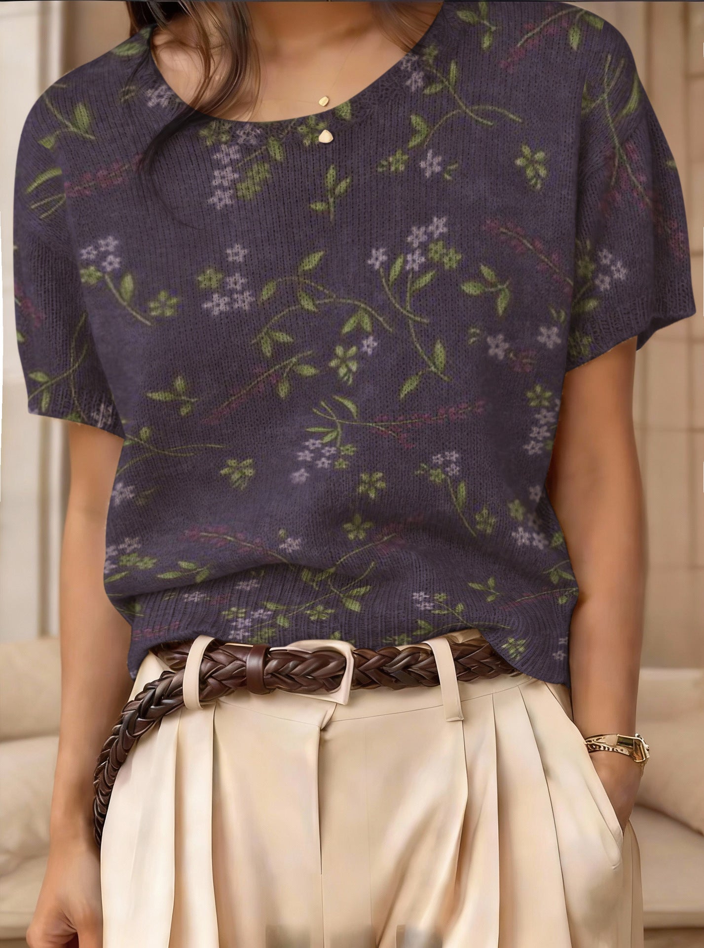 Women's retro short-sleeve jacquard knit top by Plush Fashion Hub, featuring a stylish, patterned casualwear design.