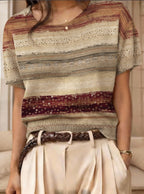 Women's retro short-sleeve jacquard knit top from Plush Fashion Hub, showcasing a stylish, patterned casualwear design.