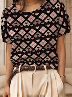 Women's retro short-sleeve jacquard knit top from Plush Fashion Hub, casualwear with a vintage-inspired pattern and comfortable fit.