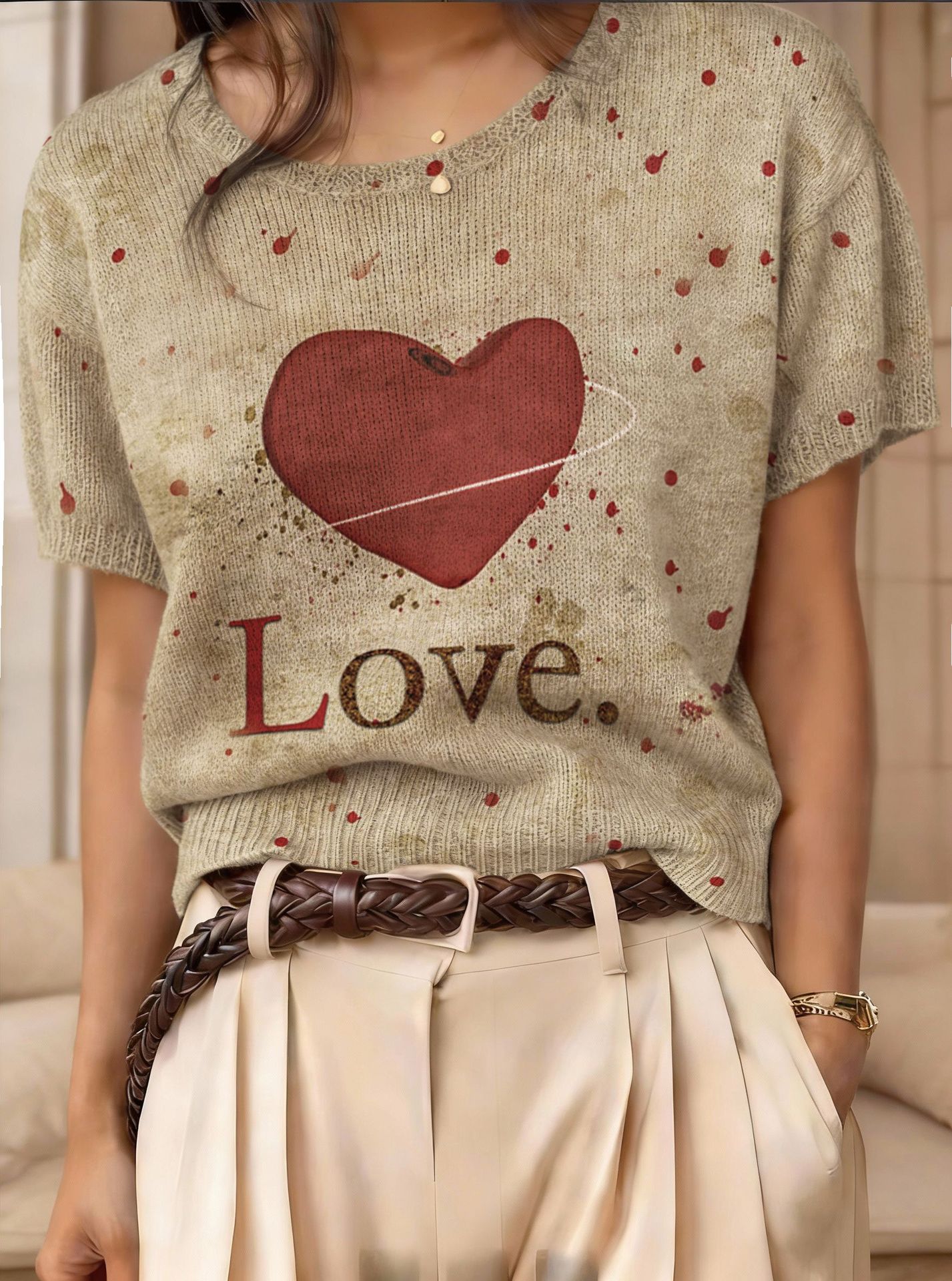 Women's retro short-sleeve jacquard knit top from Plush Fashion Hub, featuring a stylish vintage-inspired casualwear design.