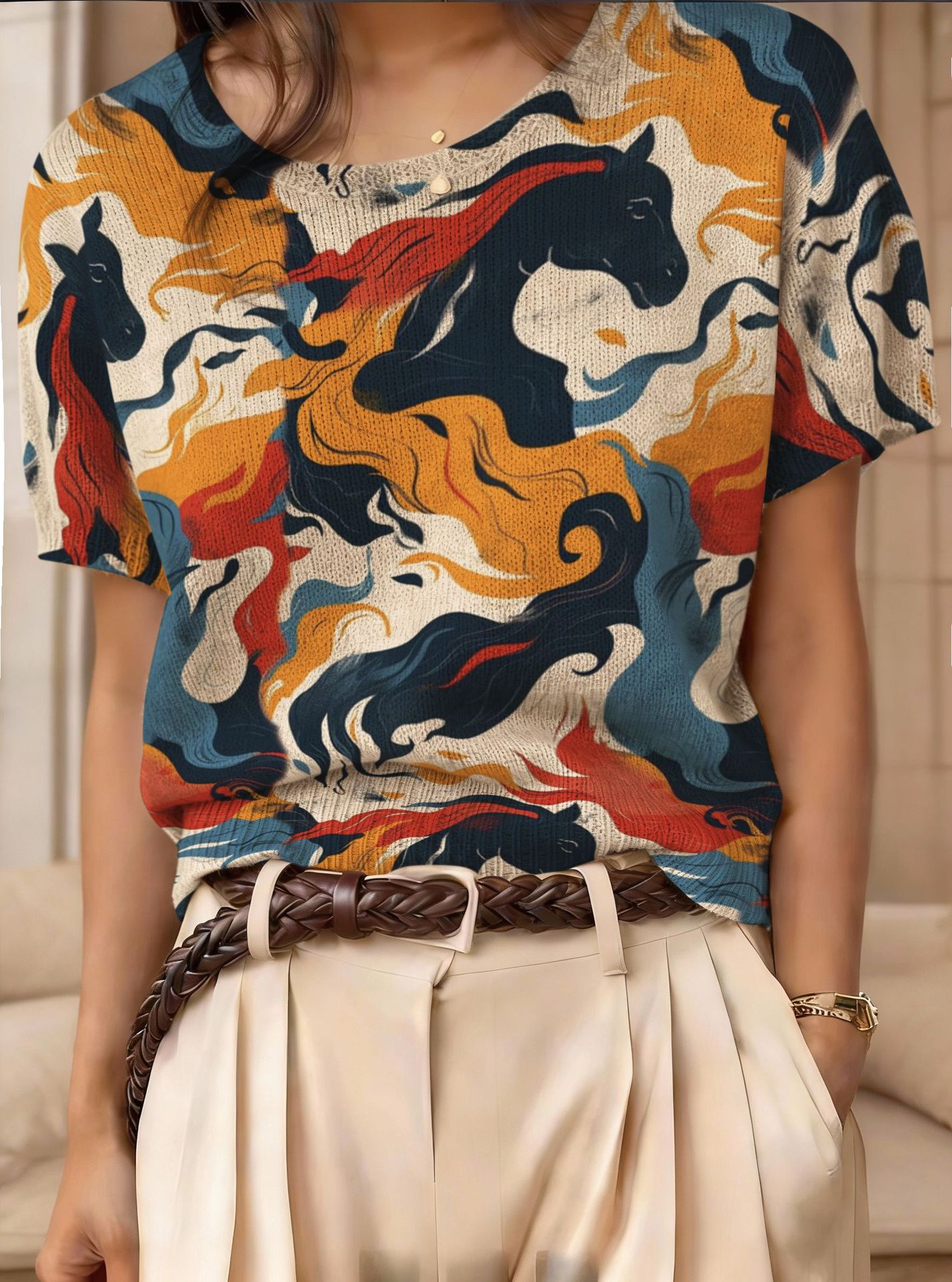 Women’s retro short-sleeve jacquard knit top from Plush Fashion Hub, showcasing a detailed pattern and casualwear style.