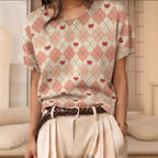 Women's retro short-sleeve jacquard knit top by Plush Fashion Hub, showcasing a stylish casualwear design with intricate knit pattern.