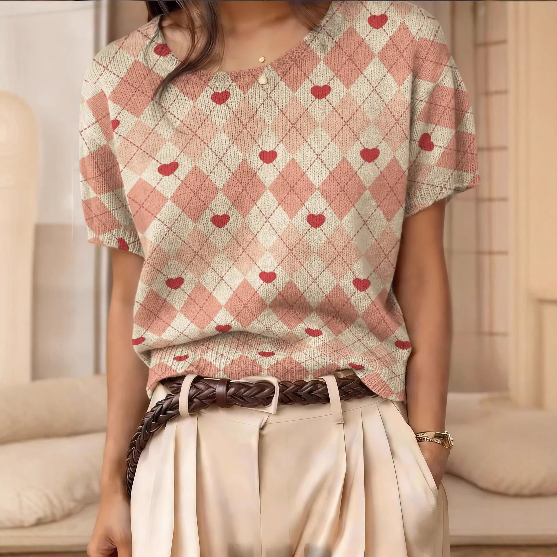 Women's retro short-sleeve jacquard knit top by Plush Fashion Hub, showcasing a stylish casualwear design with intricate knit pattern.
