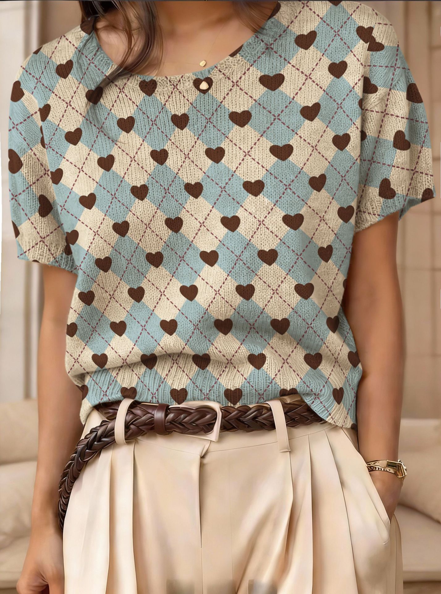 Women's retro short-sleeve jacquard knit top by Plush Fashion Hub, featuring a classic pattern and casual style.