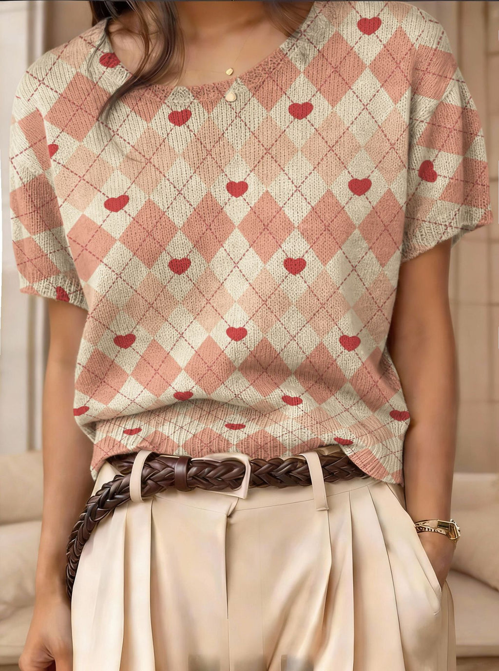 Women's retro short-sleeve jacquard knit top by Plush Fashion Hub, showcasing intricate knit pattern and casual style.