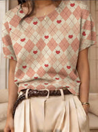 Women's retro short-sleeve jacquard knit top by Plush Fashion Hub, showcasing intricate knit pattern and casual style.