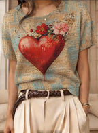 Women’s retro short-sleeve jacquard knit top by Plush Fashion Hub, casualwear with intricate pattern and comfortable fit.