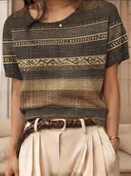 Women's retro short-sleeve jacquard knit top by Plush Fashion Hub, showcasing a stylish casualwear design with intricate knit patterns.