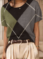 Women's retro short-sleeve jacquard knit top by Plush Fashion Hub, featuring intricate knit pattern and casual style.