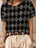Women's retro short-sleeve jacquard knit top by Plush Fashion Hub, showcasing intricate pattern and casual style.