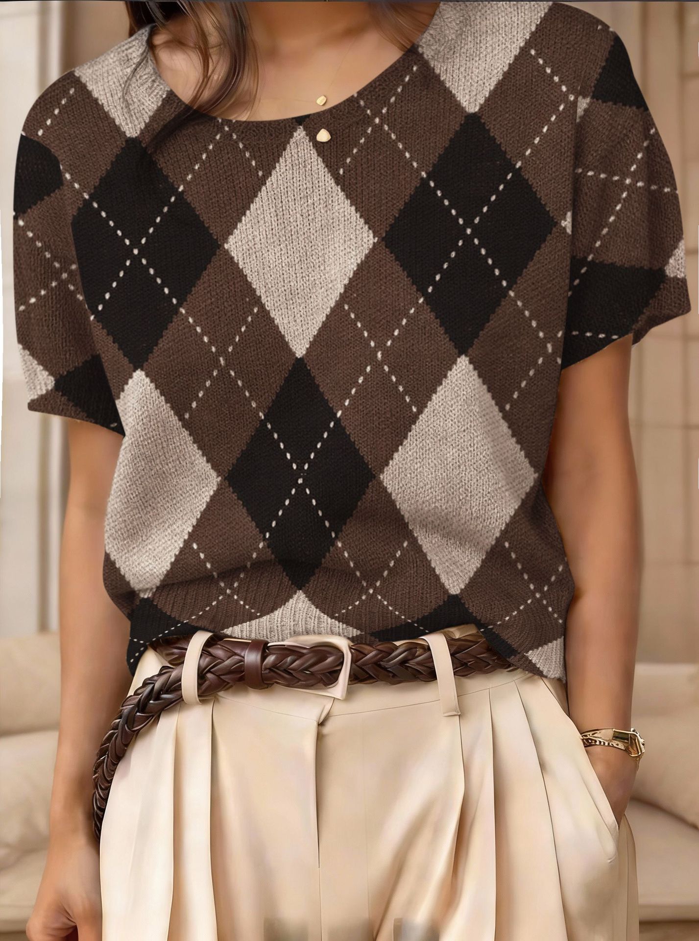 Women's retro short-sleeve jacquard knit top by Plush Fashion Hub, featuring a stylish vintage-inspired casualwear design.