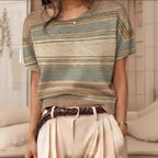 Women's retro short-sleeve jacquard knit top by Plush Fashion Hub, casualwear with intricate woven pattern and comfortable fit.